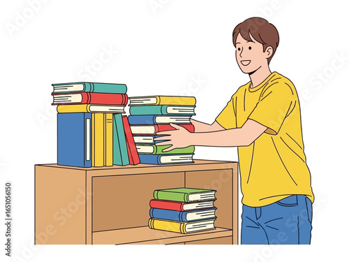 Literary Companion: A youthful individual curates and organize collection of books, revealing their passion for knowledge in the context of an appealing illustration. 