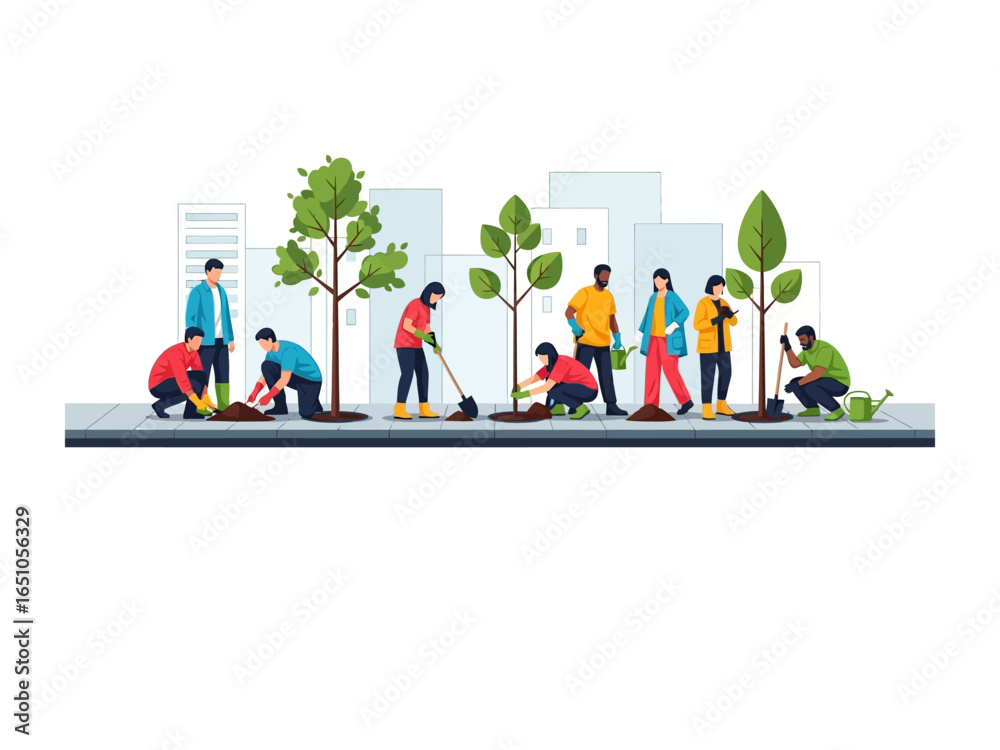 Naklejka premium Community Planting Trees: A group of individuals actively planting trees, embodying community involvement in an urban landscape, creating a scene of environmental stewardship and collective effort.