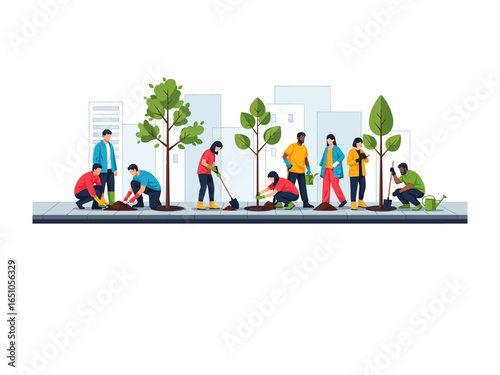Community Planting Trees: A group of individuals actively planting trees, embodying community involvement in an urban landscape, creating a scene of environmental stewardship and collective effort.