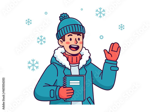 Winter Scene: An animated image of a person, warmly dressed in winter attire, joyfully embracing the snowfall, holding a book, set against a background of falling snowflakes.