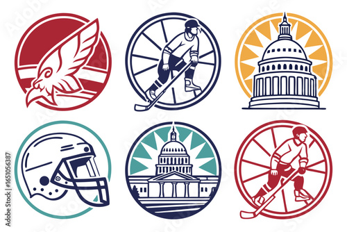 Collection of sports and government emblems including hockey, football, and capitol building