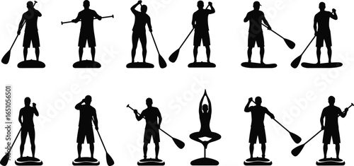 Paddleboarding, silhouettes, yoga, poses, balance, sport, water, fitness, outdoor, activity, paddle, board, lifestyle, motion, exercise, teamwork, flexibility, strength, adventure, recreation