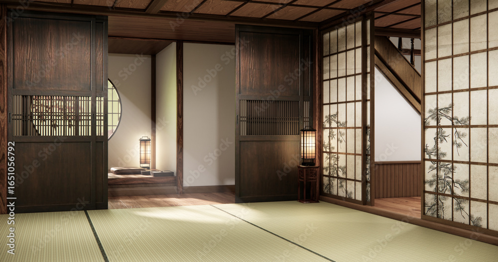 Fototapeta premium Traditional Japanese tatami room interior with wooden elements shoji sliding doors, and soft warm lighting. 3D rendering