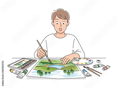 Young Artist Captivated: A young artist, immersed in his creative process, brings a landscape painting to life with a focused gaze and delicate brushstrokes, surrounded by paint tubes, palettes.