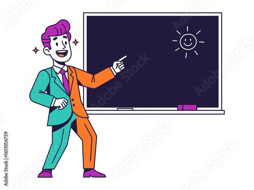 Enlightening lesson: A teacher with a captivating smile and animated gesture is providing a lesson near the chalkboard