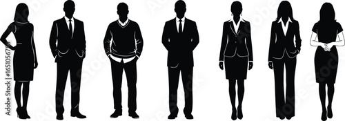 Professional business people silhouettes, diverse team in formal attire, corporate office workers, executives standing isolated, white background, teamwork, leadership, success