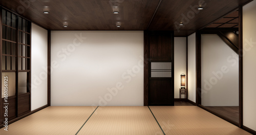Photography Traditional Japanese tatami room interior with wooden elements shoji sliding doors, and soft warm lighting