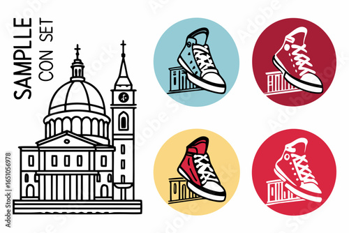 Collection of icons featuring a historic building and sneakers