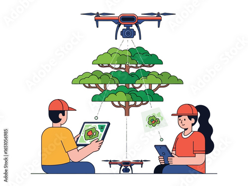 Drone Surveillance: Two figures utilize a drone to monitor a tree in a stylized, illustrative representation, highlighting aerial observation and technological applications.