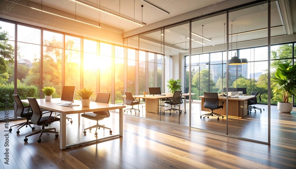 Fototapeta premium Beautiful blurred background of a light modern office interior with panoramic windows and beautiful lighting.