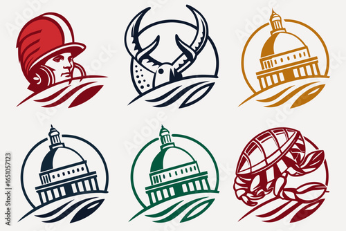 Collection of six circular logos featuring government buildings and symbols