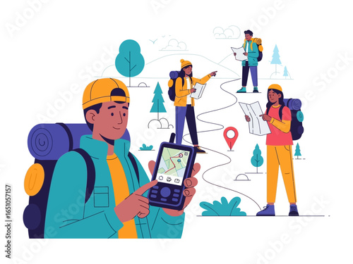 Adventure's Compass: A group of hikers use maps and a GPS device to navigate a scenic trail, symbolizing exploration, teamwork, and the thrill of discovery.
