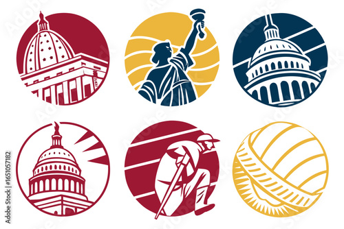Collection of american symbols and icons including government buildings and statue of liberty