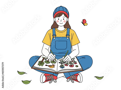 Nature's Sketchbook: A young woman sits serenely cross-legged, lost in her creative flow, meticulously sketching elements of nature into a blank notebook. Beside her, a vibrant butterfly flits.