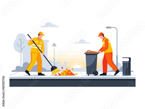 Clean Street Maintenance: Street cleaners tidying up a public space, emphasizing cleanliness and community care.