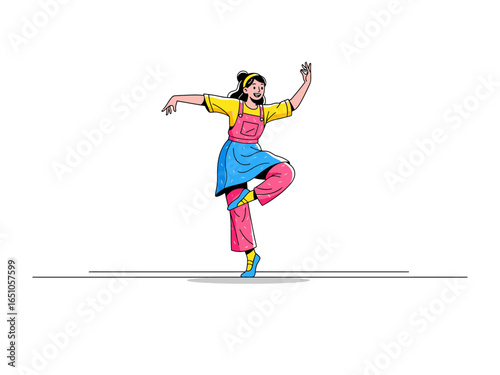 Graceful Movement: An illustrated woman performs a dance with balance and energy. Capturing the essence of motion, artistic expression, and the flow of human creativity.