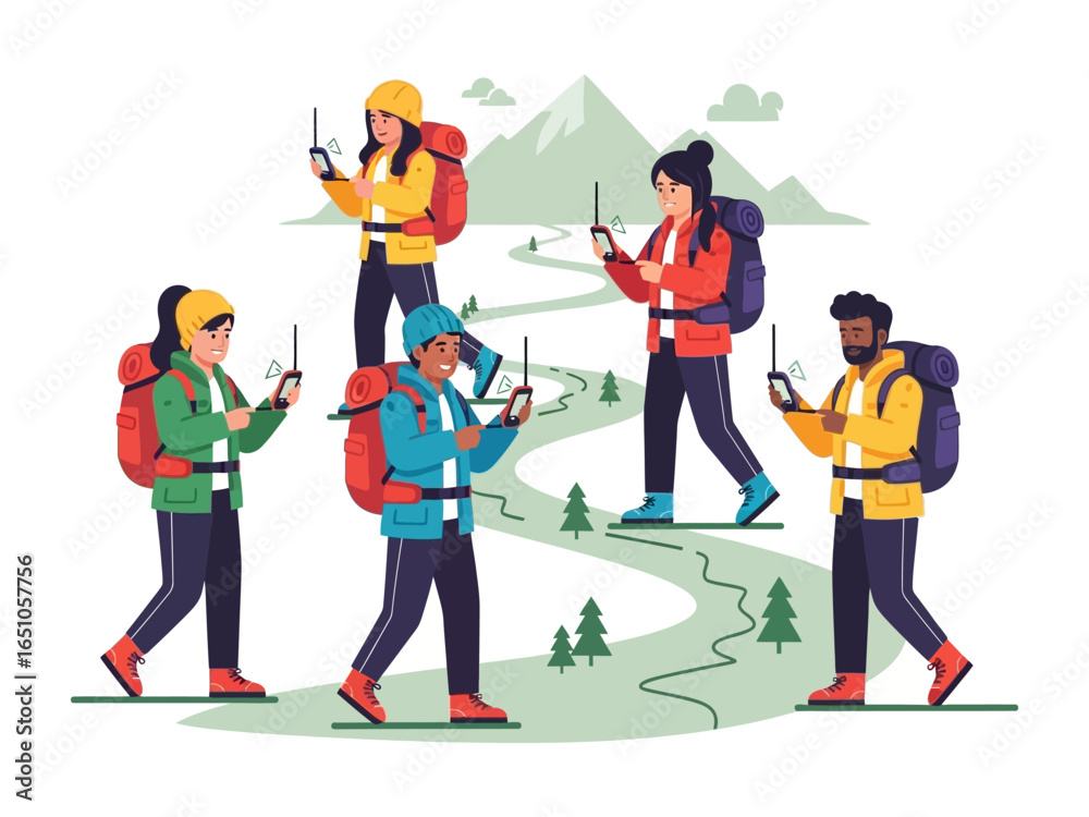 Fototapeta premium Mountain Trail Communication: A group of diverse hikers navigates a scenic mountain trail, each equipped with a walkie-talkie, fostering communication amid nature's beauty.