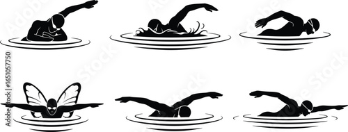 Six swimming style silhouettes, backstroke, freestyle, breaststroke, butterfly, front crawl, sidestroke, vector illustration for sports training and aquatic education themes