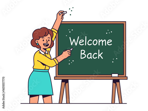 Warm Welcome: a teacher's inviting gesture, using chalk to inscribe the words, 'Welcome Back', against a classroom chalkboard, signifying the start of a new term and fresh beginnings. 