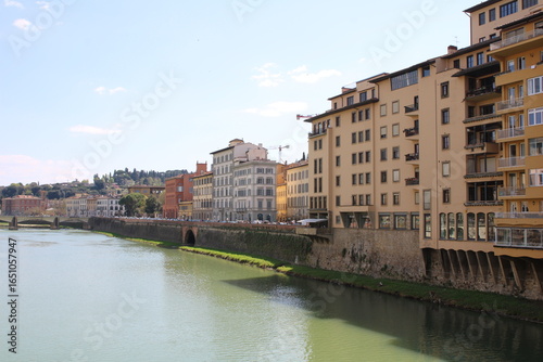Houses buildings on the banks of river Arno in Florence, Tuscany, Italy.
