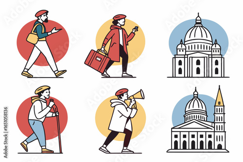 Set of people walking and visiting landmarks, vector illustration