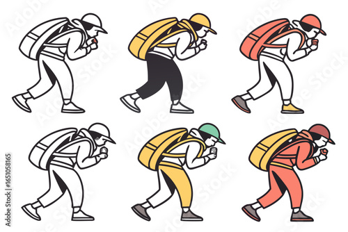 Delivery person with backpack walking and running in different colors