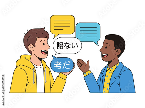 Language Exchange: Two young men, of diverse backgrounds, are engaging in a lively and colorful language exchange. The image evokes a sense of curiosity and the sharing of cultures.