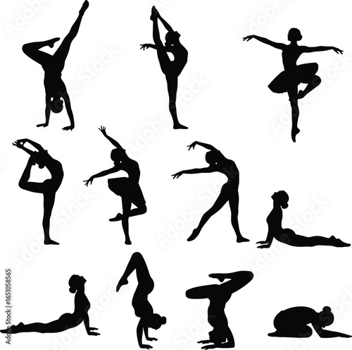 Yoga pose silhouettes collection, twelve meditation and balance postures, wellness and fitness concept, vector illustration for healthy lifestyle and relaxation