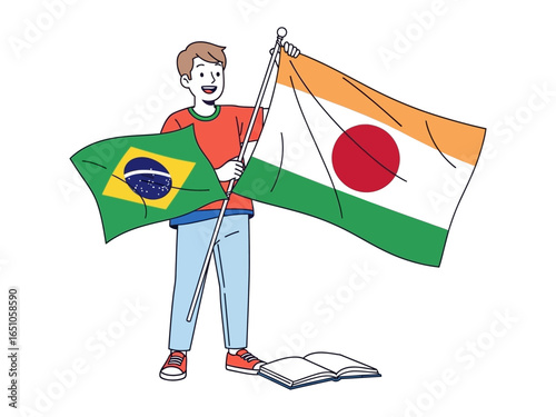 Global Education: A youthful figure stands proudly, waving flags of Brazil and Niger, symbolizing international education and cross-cultural exchange, against a crisp backdrop.