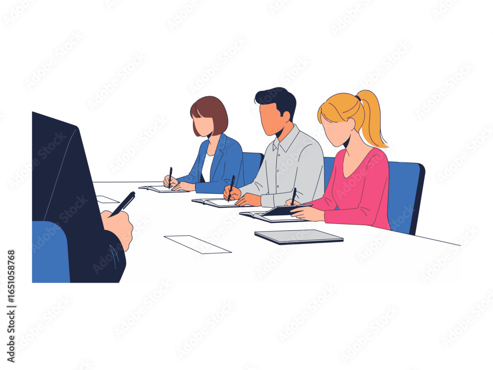 Business Meeting Illustration: A detailed illustration depicts a focused business meeting, with professionals attentively taking notes at a modern conference table. Business Meeting Illustration: A detailed illustration depicts a focused business meeting, with professionals attentively taking notes at a modern conference table.