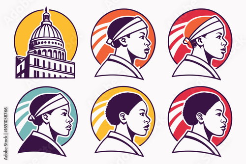 Set of stylized illustrations of the us capitol building and female profiles
