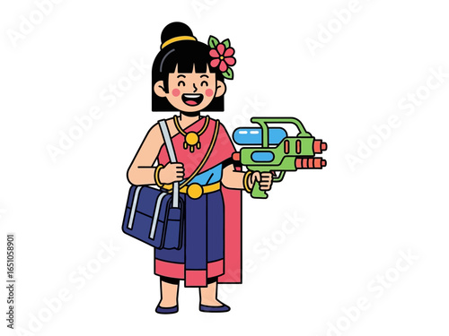 Thai Woman with Water Gun: A cheerful thai woman dressed in traditional attire is holding water gun. Ready to participate in the festive water fight