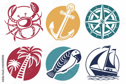 Nautical and tropical icons including crab, anchor, compass, palm tree, parrot, sailboat