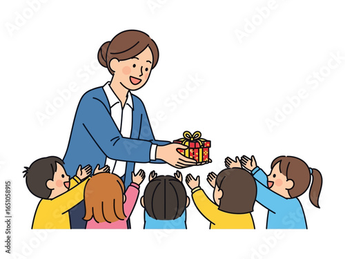 Gift of Giving: A caring educator extends a beautifully wrapped gift box to a group of excited and eager young children, symbolizing generosity and the joy of sharing.
