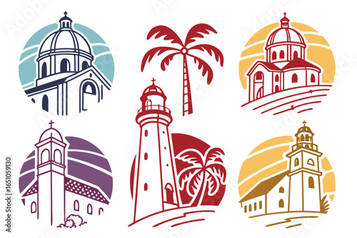 Collection of religious buildings and lighthouse icons
