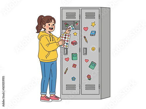 Locker Decor: A young person, adorned with a yellow hoodie and blue jeans, eagerly personalizes their locker, applying colorful stickers for a vibrant display.