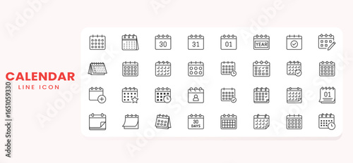Calendar line icons set. Related Appointment, Date, Deadline, Holiday, Meeting, Office, Plan, Schedule, Time Management and more icon vector illustration