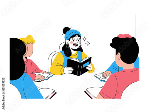 Reading Together: A group of students immersed in the joy of reading, sharing the magic of stories, creating a vibrant atmosphere of learning, illustration style.