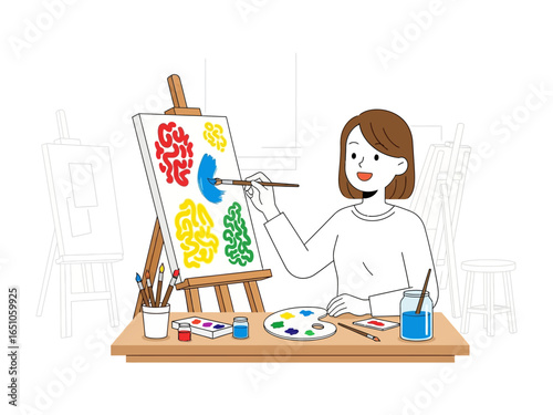 Artistic Vision: Capturing the creative essence of an individual, a painter brings a colorful canvas to life in an art studio.