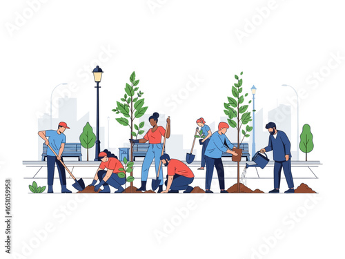 Community tree planting: A diverse group of volunteers works together to plant young trees in an urban park, creating a greener environment with collaboration and dedication.