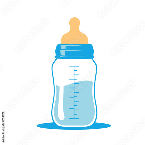 A Detailed Illustration of a Baby Bottle with Blue Accents and Liquid
