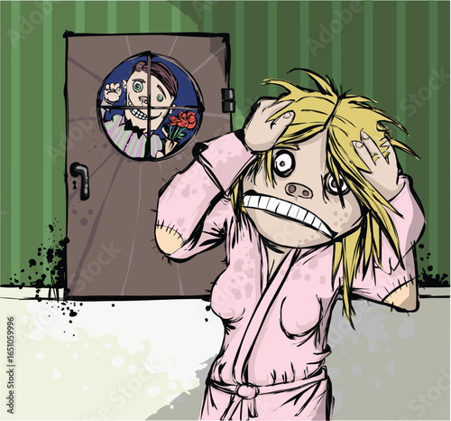 Peephole Panic someone outside scary Halloween Horror Monsters Frankensteins monster zombies best Artwork vector editable logo for Wall Sticker t-shirt design and multipurpose use in high definition f
