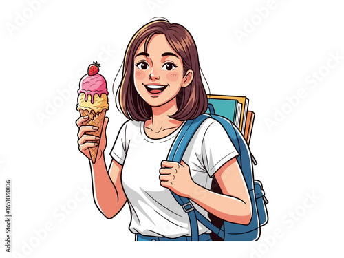 Happy Girl with Ice Cream Cone: A youthful girl beams with delight, savoring the sweet bliss of an ice cream cone after a day filled with study, carrying a backpack of books.