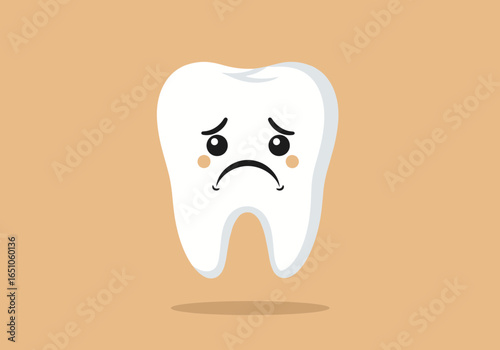 Cartoon tooth with a sad expression featuring downturned mouth and teary eyes
