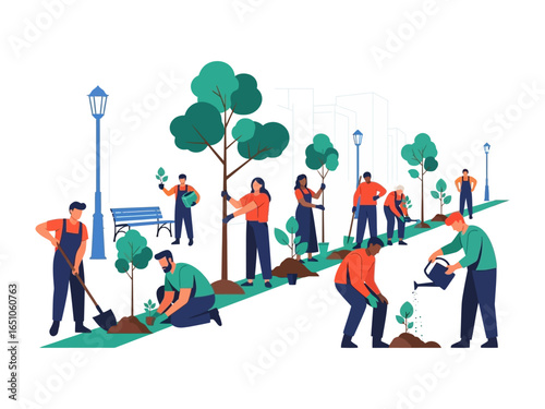 Community Planting Saplings: A group of enthusiastic volunteers plants young trees, demonstrating commitment to environmental conservation.