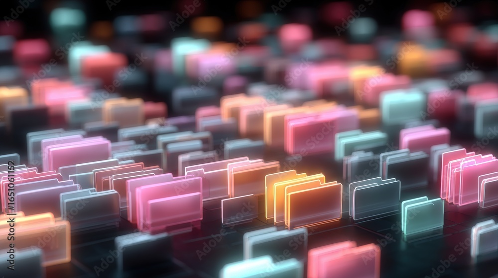 Obraz premium Abstract network grid with files and folders, futuristic software interface, digital document management system, store, search and organize documents, corporate business, paperless office 