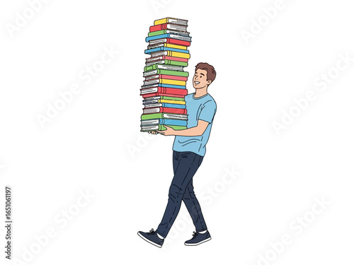Man with Overload Books: A determined individual confidently balances a towering stack of colorful books. showcasing the dedication and effort required in the pursuit of knowledge. 