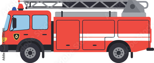 Red fire truck with ladder side view vector illustration