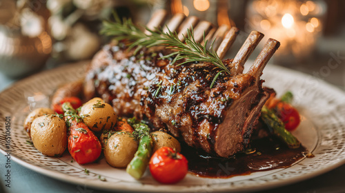 Gourmet rack of lamb with roasted vegetables and rosemary garnish