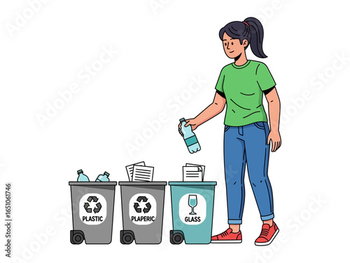 Sorting for Sustainability: A mindful person sorts recyclables into the appropriately labelled bins, emphasizing responsible waste management and promoting environmental consciousness